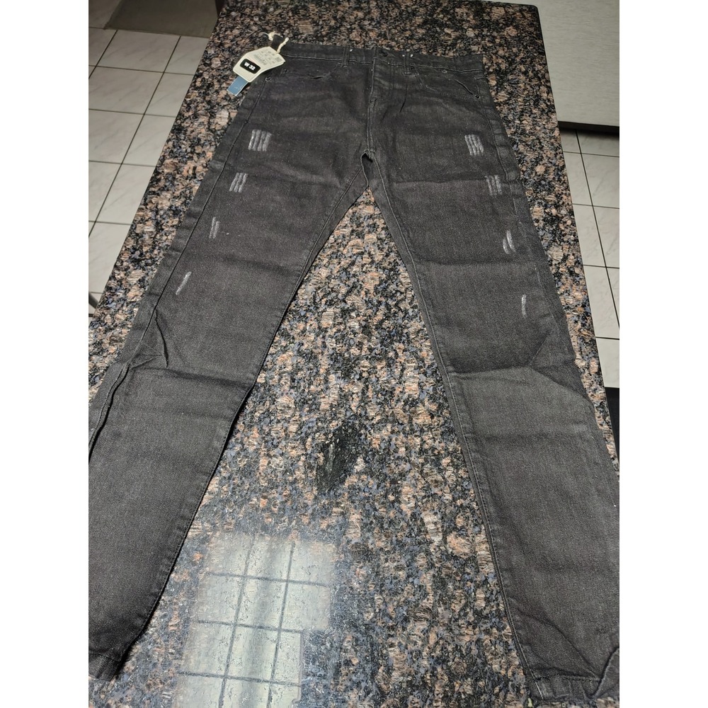 Pull&Bear Mens Skinny Tapered Stretch Selvedge Jeans Dark Grey Distressed W32